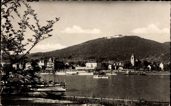 Ak Königswinter am Rhein, Blick auf den Petersberg,  Fluss, Boote, Bäume