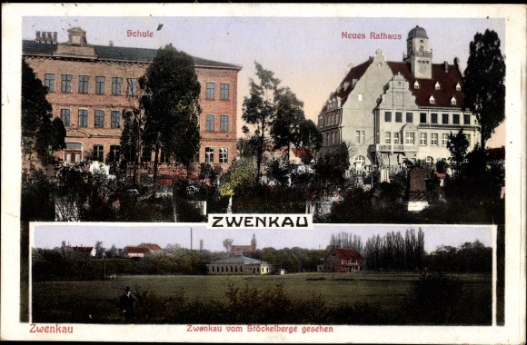 Postcard Zwenkau in Saxony, school, new town hall, view from Stöckelberg