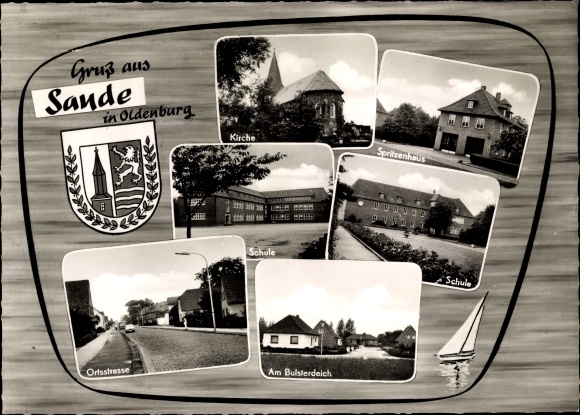 Coat of arms Postcard Sande in Friesland, church, fire station, school, street views