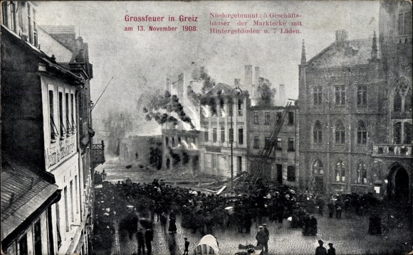 Ak Greiz im Vogtland, Brand am Markt November 1908, Großfeuer