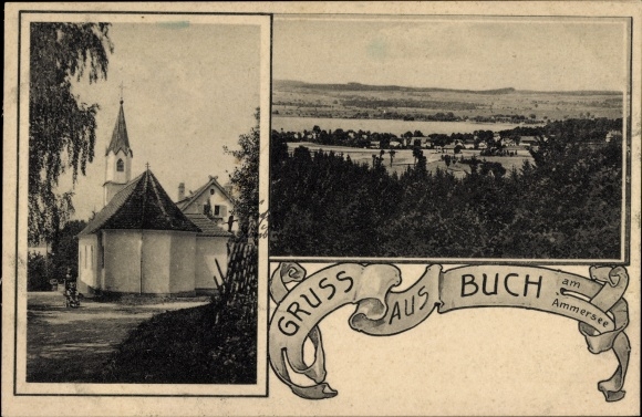 Postcard Buch am Ammersee Inning Oberbayern, general view, church