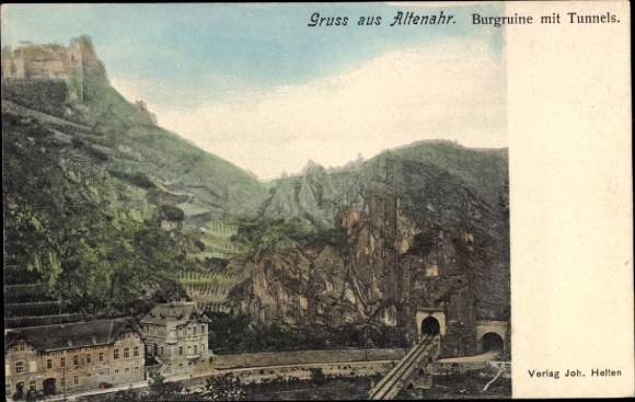 PC Altenahr in the Ahr Valley, Greetings from the castle ruins, tunnel, Verlag Joh. Helten