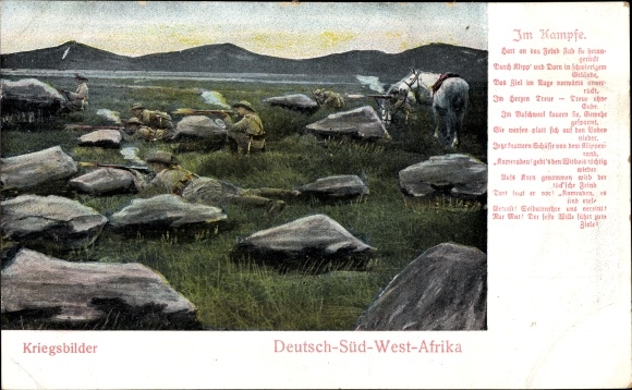 Postcard Namibia German South West Africa, German colonial soldiers, war pictures, in battle, poem, color