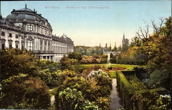 Postcard Würzburg am Main Lower Franconia, castle garden, garden landscape, fountain, trees