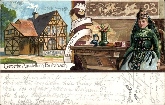 Kunstenaar Litho Butzbach in Hessen, handelstentoonstelling 1898, boerderij, bruid in klederdracht