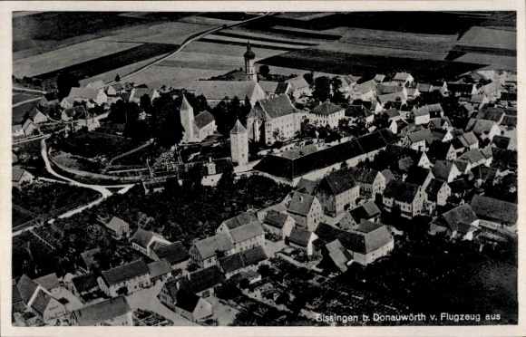 Postcard Bissingen in Swabia Bavaria, aerial view of Bissingen, village view, church building