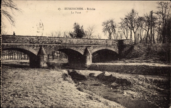 Postcard Euskirchen North Rhine Westphalia, bridge in river, trees in the background