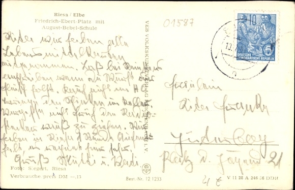 Postcard Riesa on the Elbe Saxony, Friedrich Ebert Platz, August Bebel School