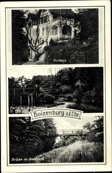 Postcard Boizenburg on the Elbe, bridge in the city park, Kurhaus