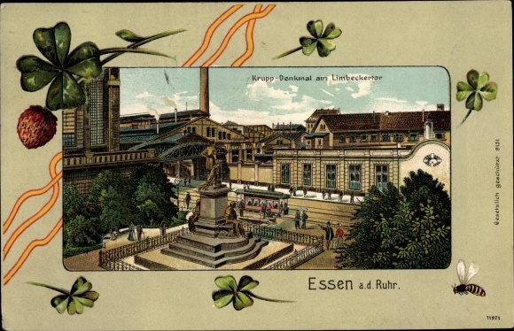 Passepartout Chromo-Litho Essen in the Ruhr area of North Rhine-Westphalia, Krupp memorial, bee, clover, Limbeckertor