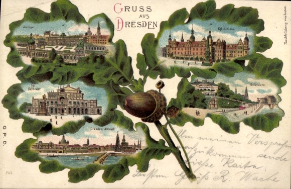 Oak Leaf Chromo-Litho Dresden Old Town, Zwinger, Castle, Court Theater, Belvedere