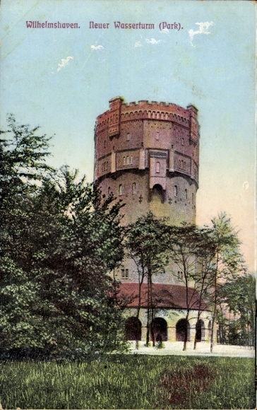 Postcard Wilhelmshaven on the North Sea, New Water Tower, Park, Trees,