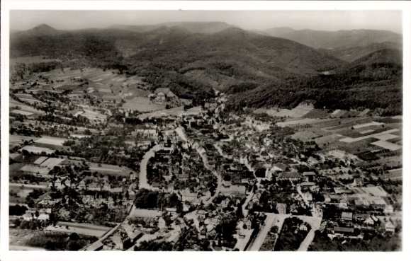 Postcard Bad Bergzabern on the Palatinate Wine Route, aerial photograph, vineyards, mountains, landscape