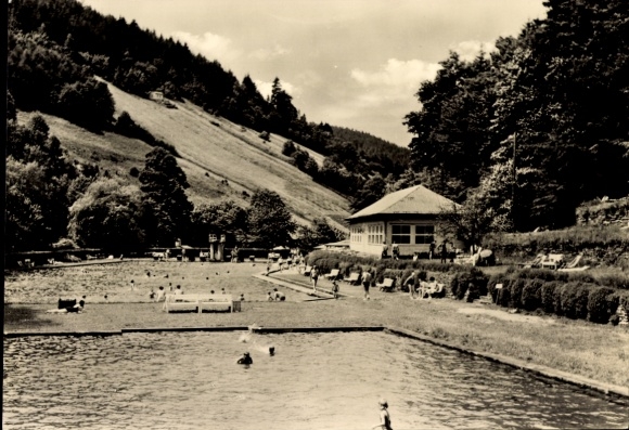 Postcard Unterweißbach in the Thuringian Forest, swimming pool, nature, mountains, leisure activities, people, f...