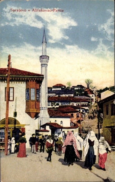 KP Sarajevo Bośnia i Hercegowina, sekcja Alifakovac w Sarajewie, minaret i tradycyjne stroje