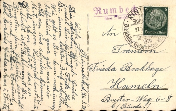Country postmark Rumbeck via Rinteln, May 27, 1939, PC Hohenstein near Hessisch Oldendorf