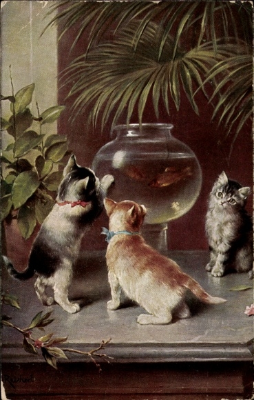 Artist Postcard Reichert, C., Kittens at a Goldfish Glass, Stroefer 1339