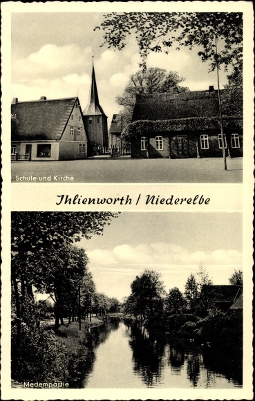 Ak Ihlienworth in Niedersachsen, Schule und Kirche, Medempartie
