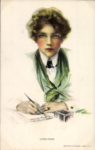 Kunstenaarskaart Boileau, Philip, vrouw aan het bureau, pennenhouder, inktpot