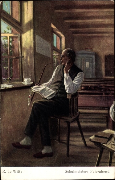 Artist Postcard de Witt, R., schoolmaster&#39;s end of work, teacher with a pipe at the window