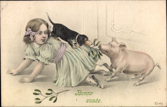 Artist Postcard Happy New Year, girl with dachshund on her back, pig, mistletoe