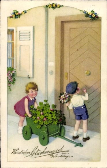 Artist Postcard Baumgarten, Fritz, congratulations birthday, well-wishers, flowers, clover leaves