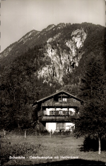 Postcard Eschenlohe in Upper Bavaria, Easter fire peak with Hero's Cross