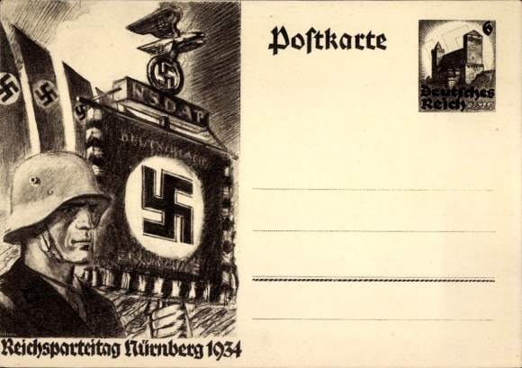 Postal stationery Postcard Reichsparteitag Nuremberg 1934, NSDAP standard