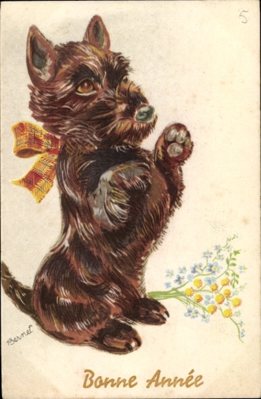 Artist Postcard Bernet, Terrier standing on its hind legs