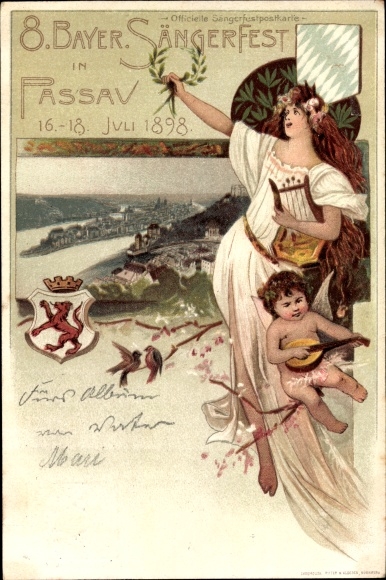 Postwaardestukken litho Passau in Neder-Beieren, 8. bayr. Songfestival 1898