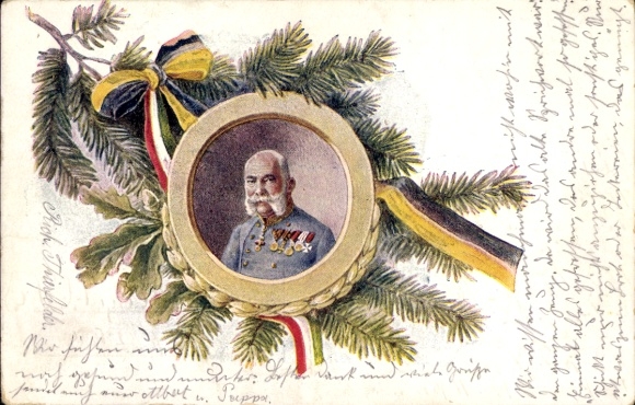 Ak Portrait Kaiser Franz Josef von Österreich Ungarn, Schleifen, Tannenzweig, Eichenlaub