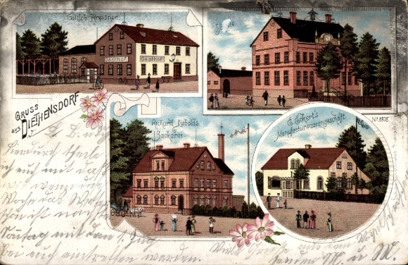 Litho Diethensdorf Claußnitz, Gasthof Gottlob Kressner, Schule, Bäckerei Richard Liebold, Geschäft