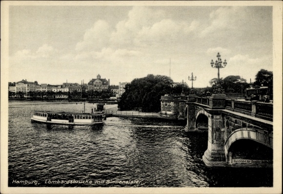Ak Hamburg Mitte Altstadt, Lombardsbrücke, Binnenalster, Schiff, Stadthäuser, Wolken