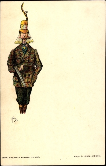 Artist litho hunter with feather hat, caricature, Philipp & Kramer