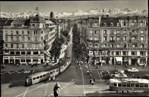 PC Zurich city, Bahnhofstrasse, Glarner Alps, trams, hotel, Schweizerhof