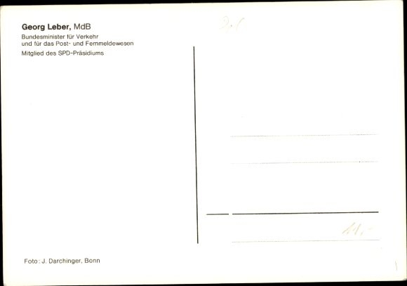 Postcard politician Georg Leber, Federal Minister of Transport, SPD, autograph