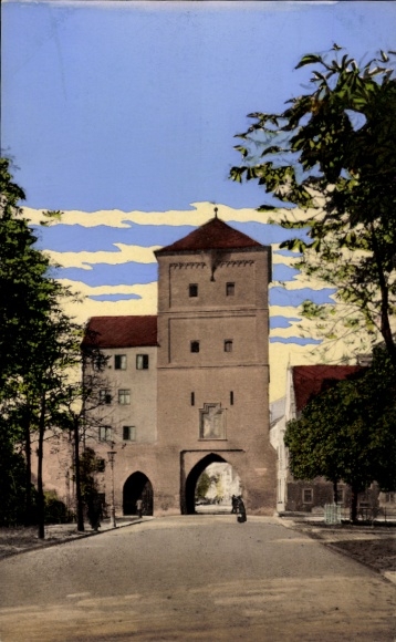 Postcard Augsburg in Swabia, Vogeltor, city wall, trees, street, sky