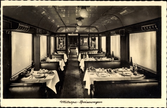 PC Deutsche Eisenbahn, steam locomotive, Mitropa, view of the dining car, tables, benches