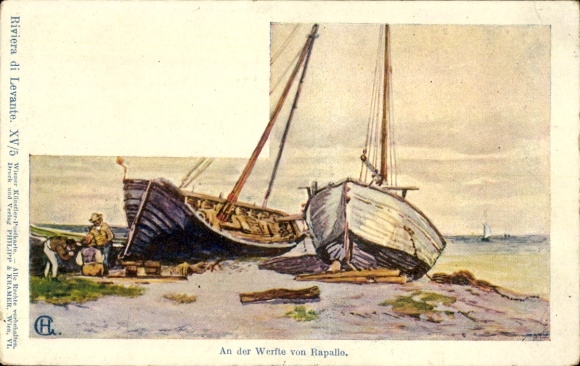 Artist Postcard Rapallo Liguria, boats on the shore, men, Riviera di Levante