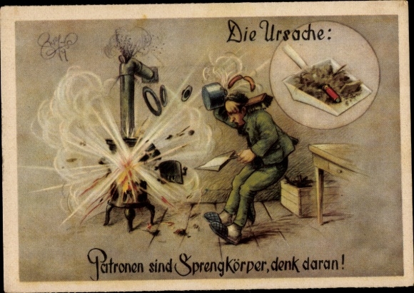 Artist Postcard Geilfus, H., cartridges are explosive devices, explosion in the oven, funny hunter's primer