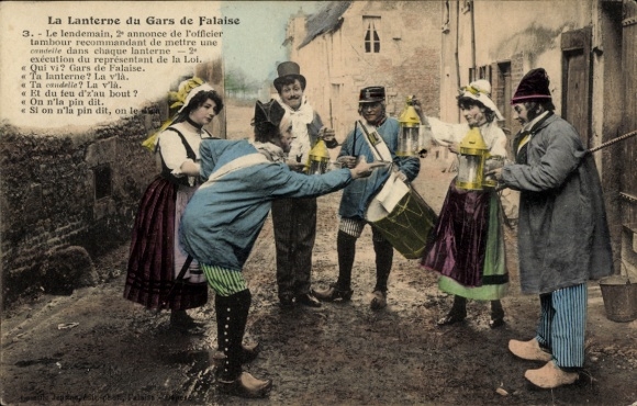 Postcard Calvados France, French costume, Normandy, people with lanterns, drum
