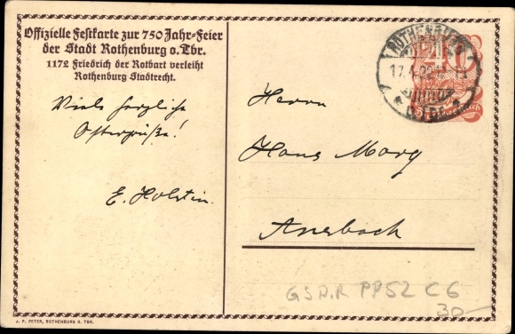 Postwaardekaart Rothenburg ob der Tauber Midden-Franken, 750-jarig jubileum 1922, PP 52 C 6