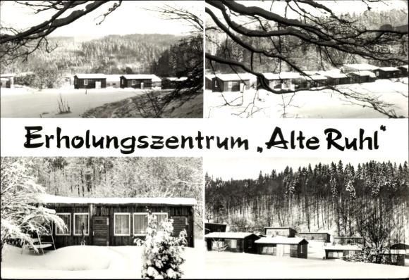 Ak Ruhla in Thüringen, Erholungszentrum Alte Ruhl, Winterlandschaft, Bungalows im Schnee, Wald