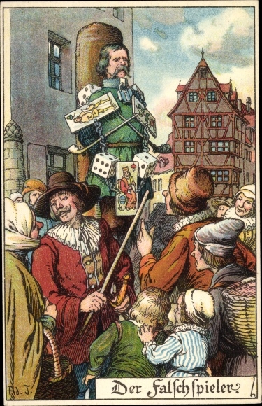 Kunstenaar litho Jodolfi, De Cardsharp, Schandpaal