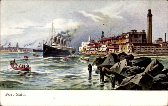 Artist Postcard Perlberg, F., Port Said Egypt, Steamship and Rowing Boats in Front of the City