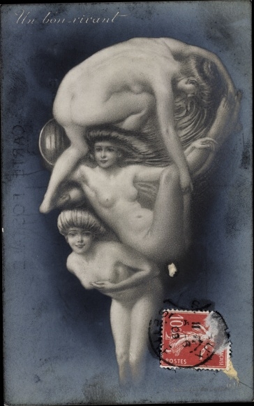 Postcard Un bon vivant, male face from female nudes, monocle, metamorphosis