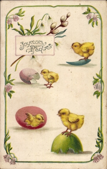Präge Ak Glückwunsch Ostern, Küken, Eierschalen, Weidenkätzchen