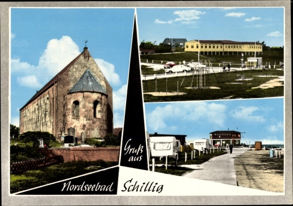 Postcard Schillig Wangerland in Friesland, church, beach area with caravans