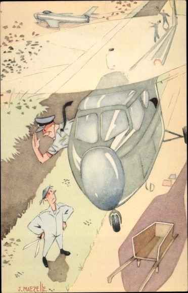 Artist Postcard Maezelle, J., Belgian Army, pilot greets from a helicopter