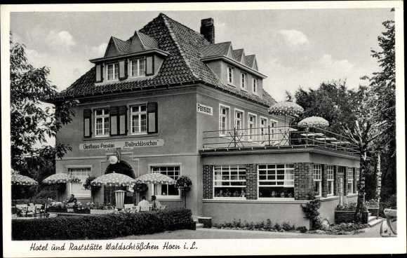 Postcard Horn Bad Meinberg North Rhine-Westphalia, hotel and service area Waldschlösschen, exterior view